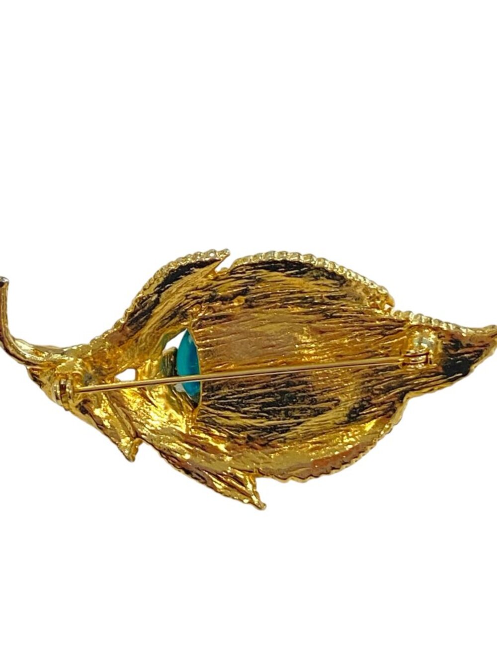 Gold-Tone Leaf Brooch With Blue & Green Swirl Cabochon 2.5 Inches Artist fermini - Picture 5 of 16